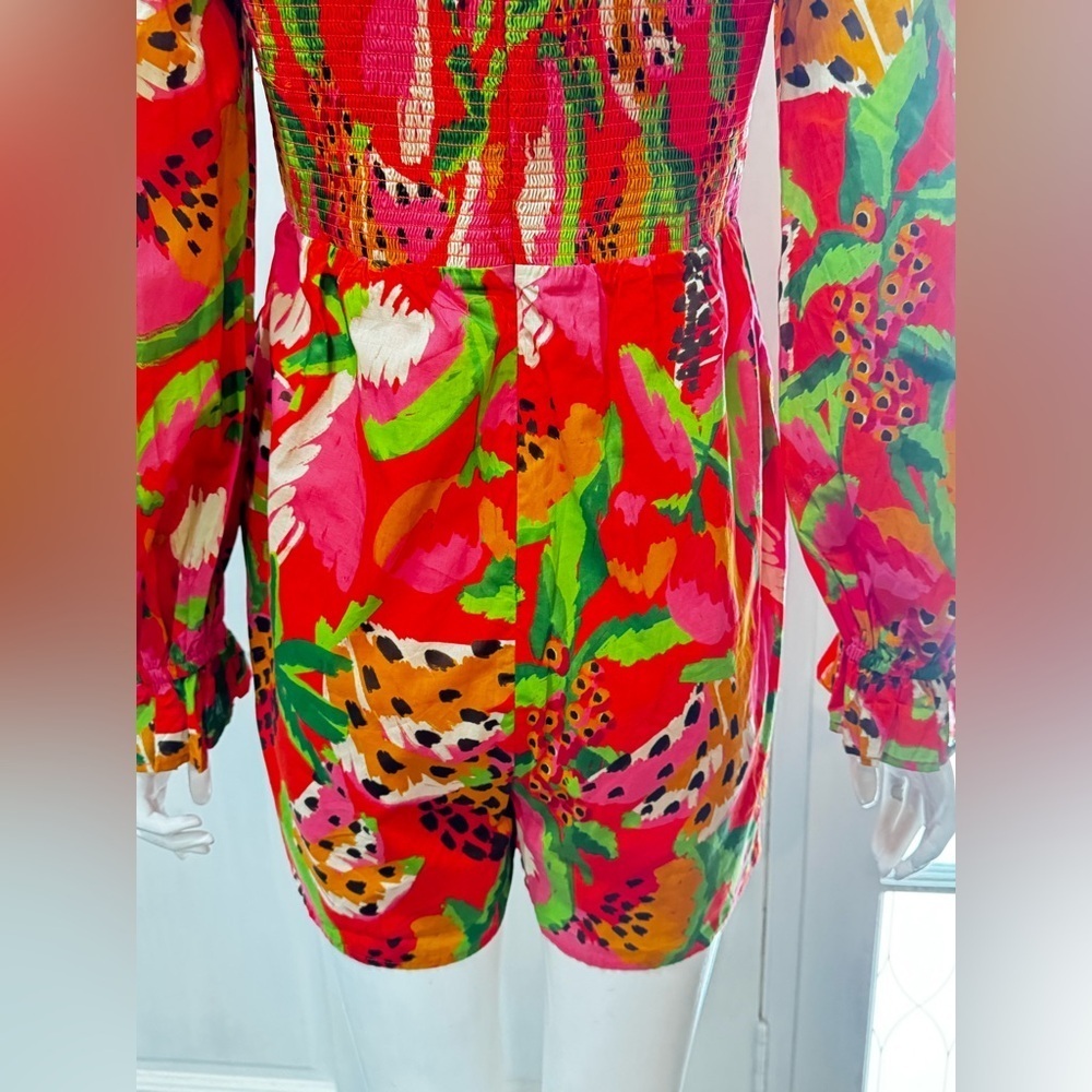 FARM RIO Tropical Ruffle Sleeve Romper Women Small Smocked Red Motif V-neck NWT - Picture 11 of 16
